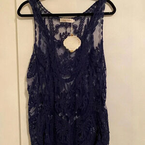 Simply Couture Women Lace Mesh Blue Cami Evening Wear or underneath outfit, Sz M